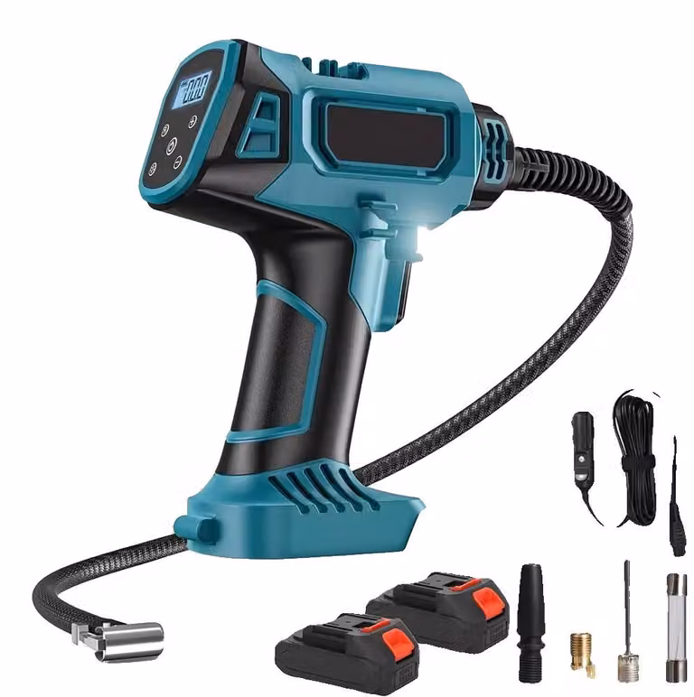 Compressore d'aria portatile, display digitale, illuminazione a LED, 2 batterie, 1 spina