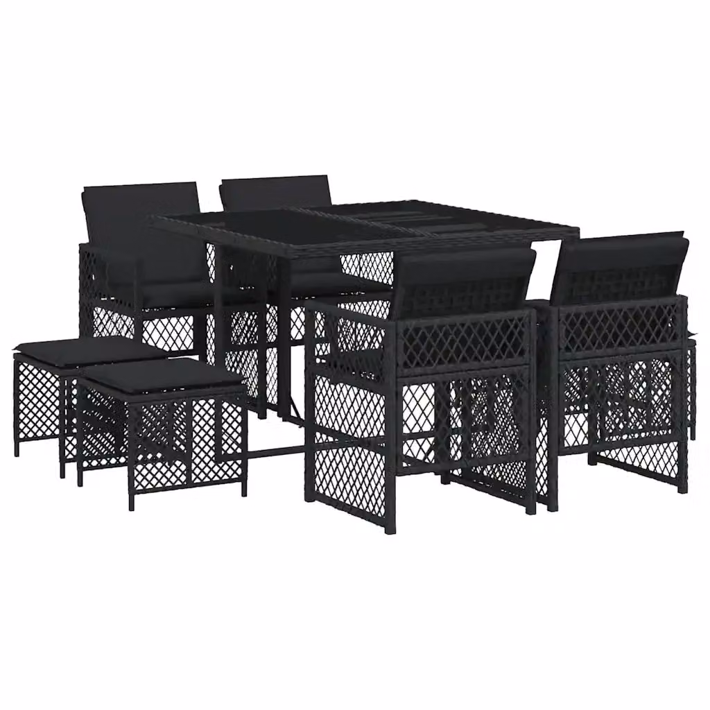Set da Pranzo da Giardino vidaXL in Polyrattan Nero con Cuscini e Tavolo in Vetro, 9 Pezzi – 2