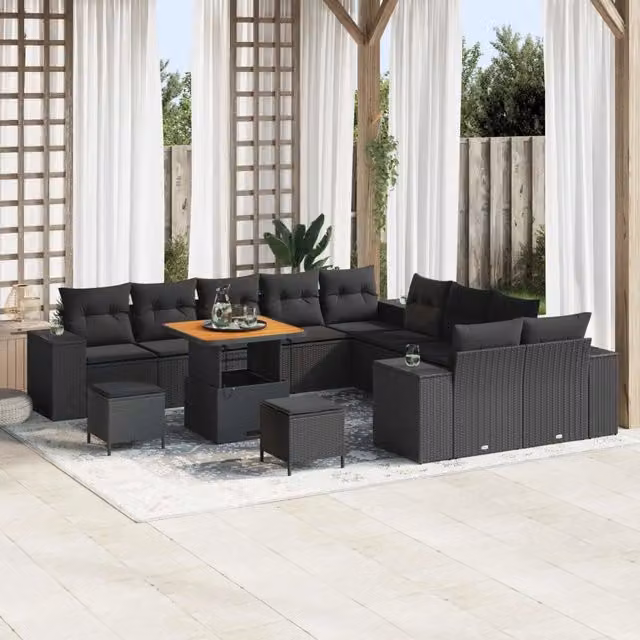 Set Divano da Giardino a L vidaXL in Polyrattan Nero con 13 Pezzi e Cuscini Inclusi