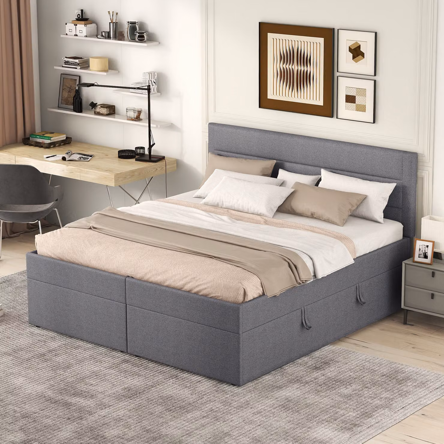 MODFU, letto imbottito 140 x 200 cm, letto per bambini, letto matrimoniale con rete a doghe e contenitore (senza materasso), colore grigio