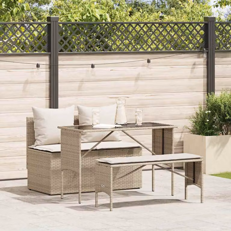 Set da pranzo da giardino vidaXL in polyrattan con cuscini beige e tavolo in vetro per terrazzo o giardino