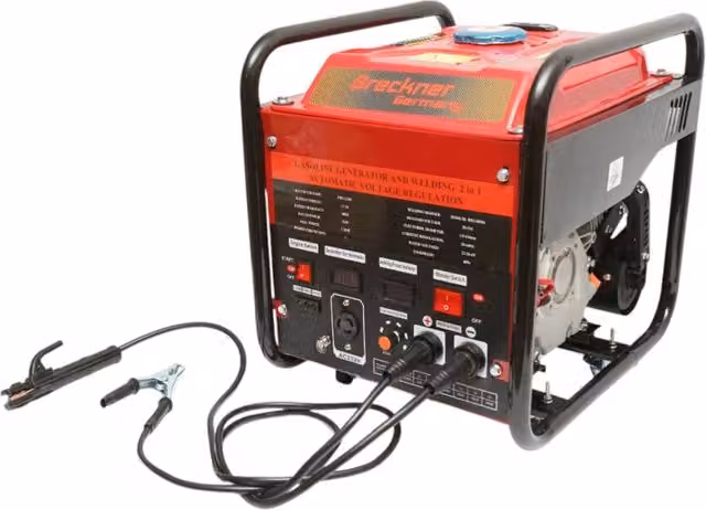Saldatrice 160A Breckner Germany con generatore elettrico 5KW/220V, motore a benzina 13 HP e avviamento manuale, colore rosso