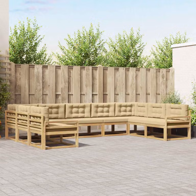 vidaXL Set di divani da esterno a forma di U composto da 9 pezzi in legno di acacia con cuscini Bianco e Beige