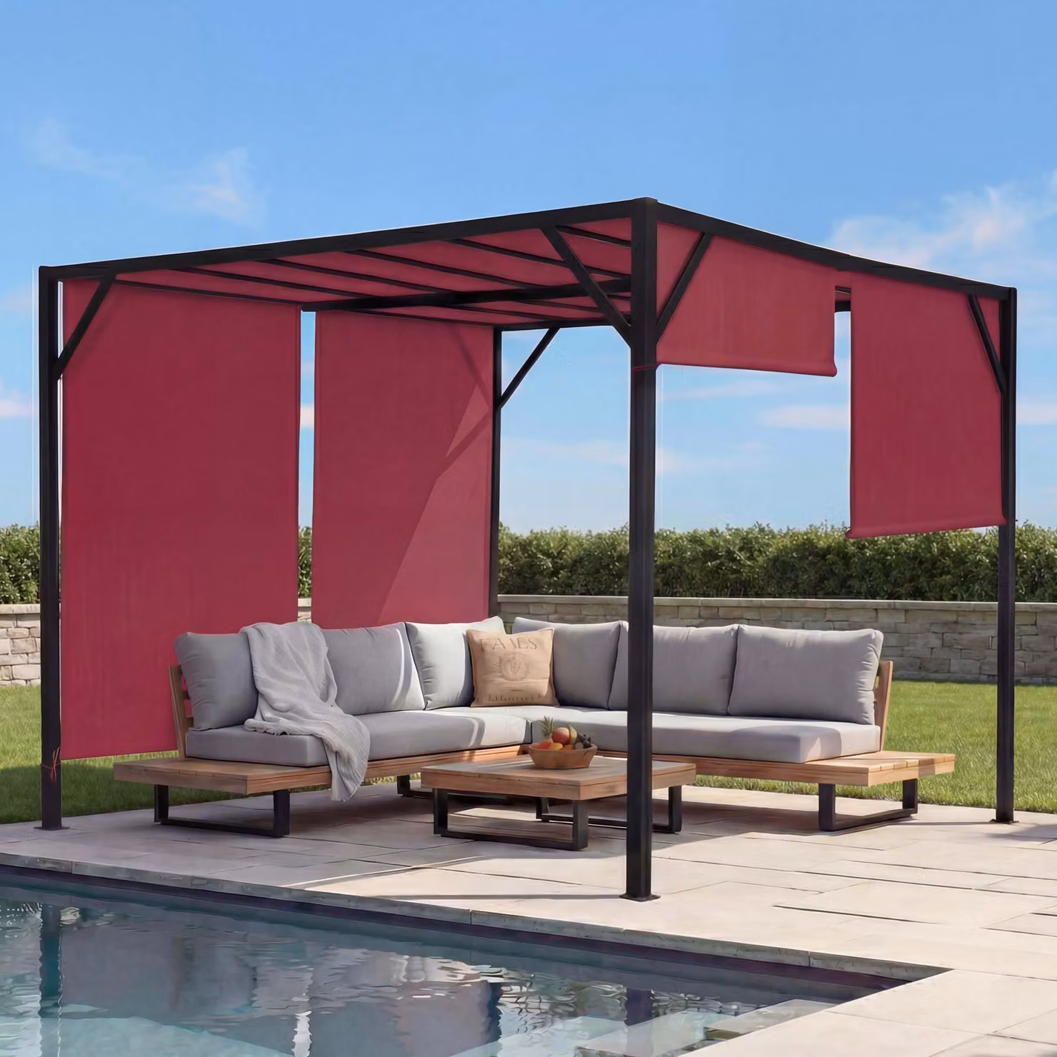 Pergola Baia, tetto a padiglione da giardino, robusta struttura in acciaio da 6 cm + tetto scorrevole rosso bordeaux ~ 3x4m