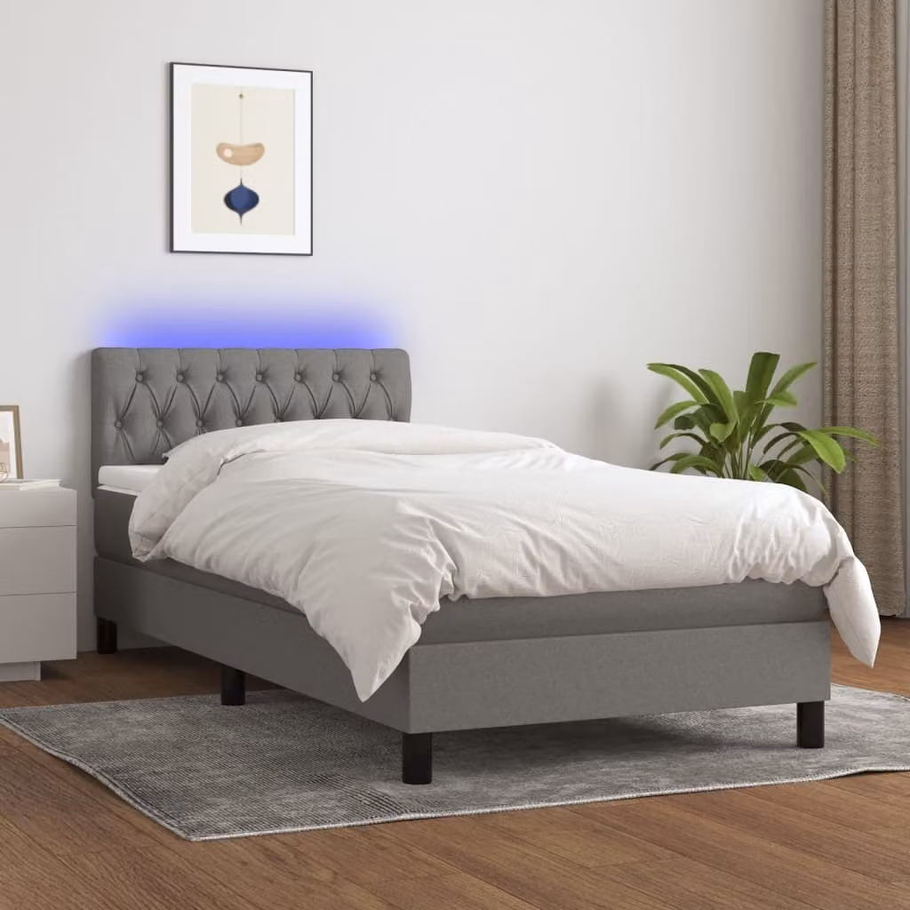 The Living Store Letto a molle con materasso e LED in tessuto grigio scuro 90x200 cm