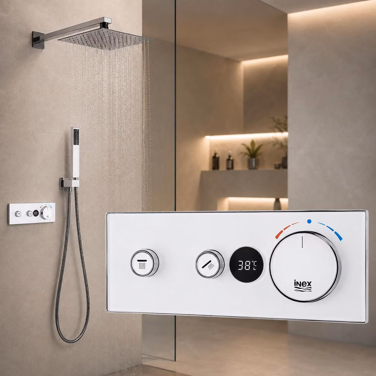 Sistema doccia con termostato e display, 2 funzioni, acciaio inossidabile, finitura cromata