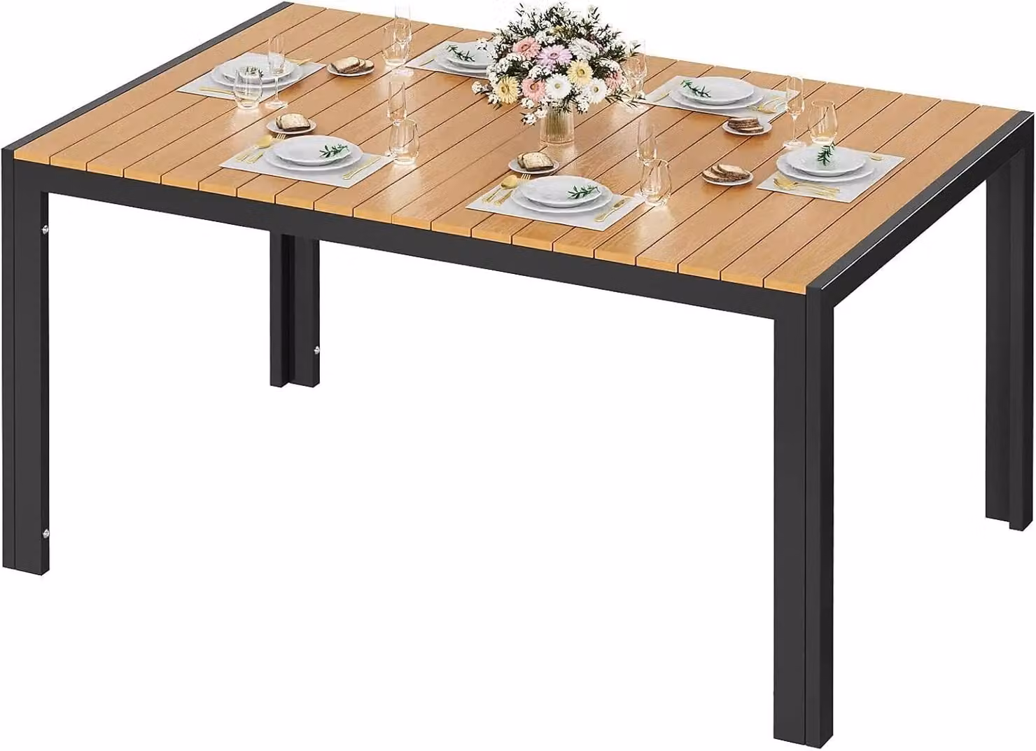 Tavolo da giardino - Tavolo da pranzo da esterno - 140x90x75 cm - Struttura in alluminio - Piano in WPC - Resistente alle intemperie - Per 8 persone - Gambe nere, teak