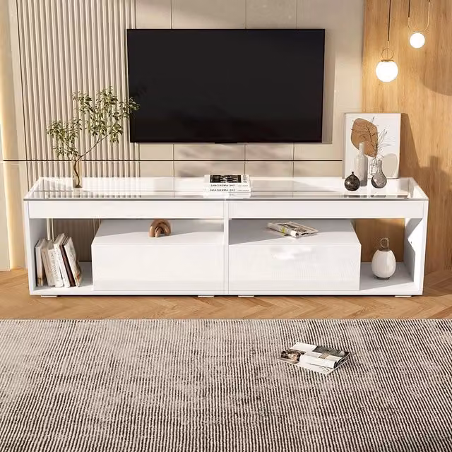 Mobile TV con Luci LED - Xylo - 2 Cassetti, Bianco, fino a 70"
