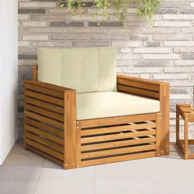 Divano da esterno moderno vidaXL in legno di acacia massello con cuscini beige e bianchi – 1