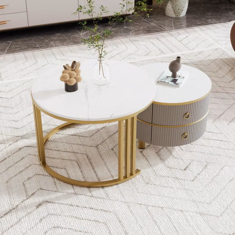 Tavolino rotondo 2 in 1 in MDF, tavolino con piano in marmo bianco, 2 cassetti, grigio