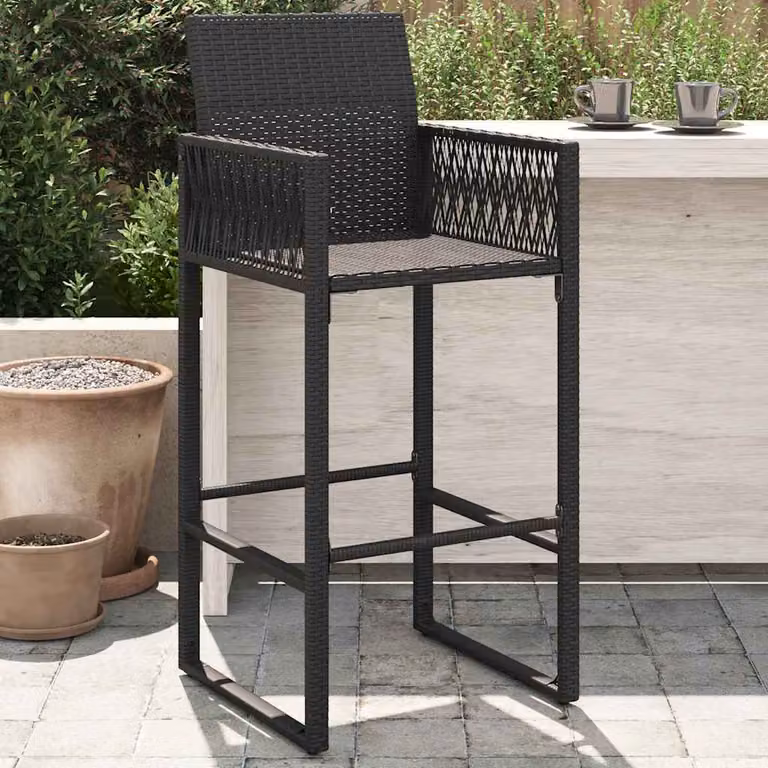 Set di 2 sgabelli da bar da giardino vidaXL in polyrattan nero con braccioli e struttura in metallo
