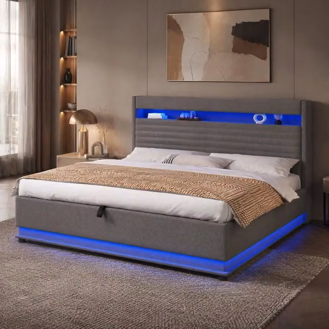 Letto matrimoniale MODFU imbottito in tessuto grigio con contenitore, illuminazione LED, porte USB e USB-C e mensola integrata, L/P/H: 180 x 200 x 113,5 cm