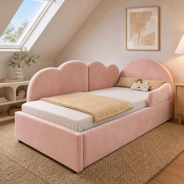 Letto a L imbottito in velluto rosa con letto estraibile e cassetti L/P/H: 205.5 x 90 x 188.5 cm