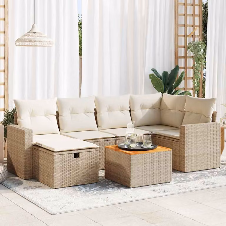 Set Divani da Giardino vidaXL 7 pz in Polyrattan con Cuscini Beige e Tavolino Moderno a Forma di L