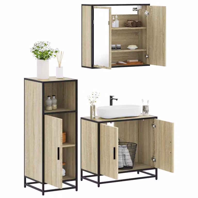 Set di mobili da bagno industrial vidaXL in legno e metallo marrone composto da 3 pezzi con armadietto specchio e mobile lavabo L/P/H: 65 x 60 x 20 cm