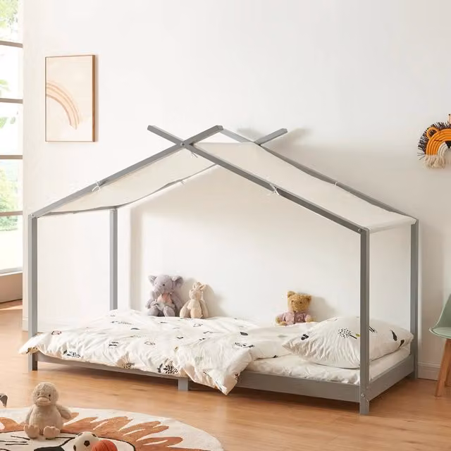 Letto Singolo Brome en.casa a Forma di Casetta per Cameretta in Legno di Pino Grigio e Bianco L/P/H: 200 x 90 x 146 cm