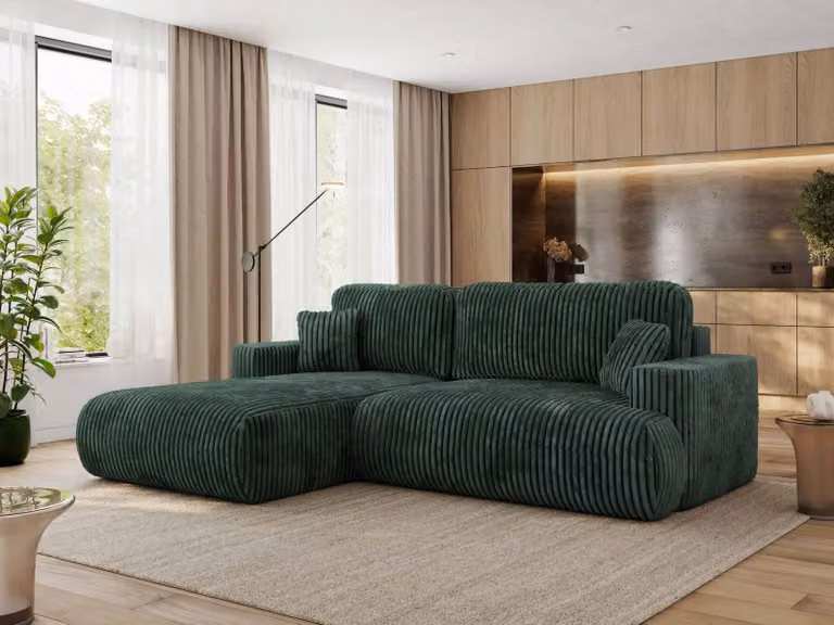 MKS MEBLE divano angolare OVO con funzione letto e box letto, velluto a coste verde, divano a L, divano angolare a 4 posti, 271x195x95 cm - lato sinistro