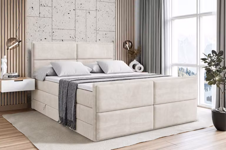 Letto boxspring ALTDECOR con pediera, 2 materassi e topper - 160x200 cm - AURA-Z KING - velluto color crema - Letto imbottito con materassi H3 e H4, contenitore e rete a doghe, letto con contenitore