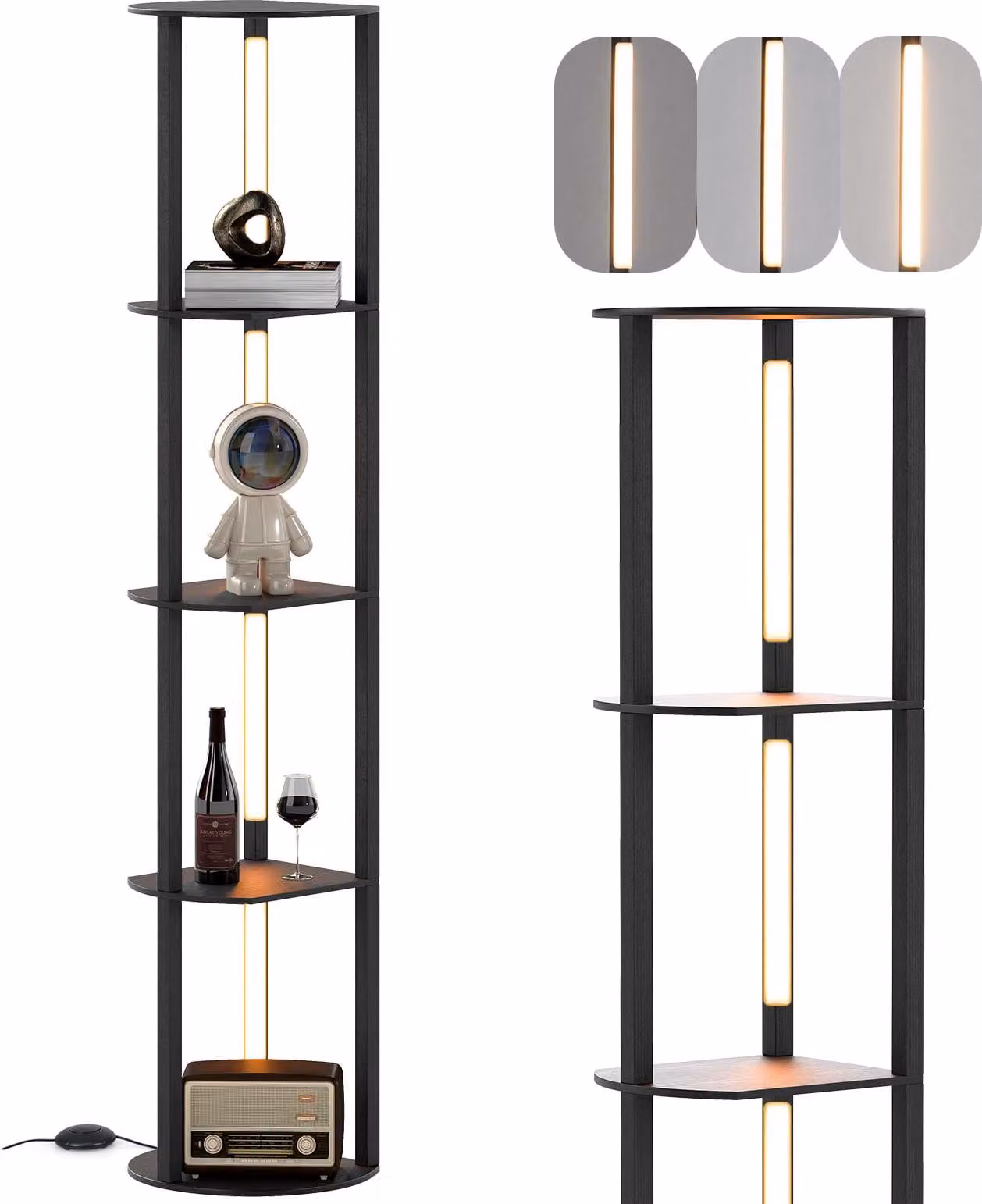 COSTWAY Lampada da terra da 163 cm con ripiani, ripiano portaoggetti Lampada da terra con 4 strisce LED ruotabili, luminosità regolabile a 3 livelli e interruttore a pedale