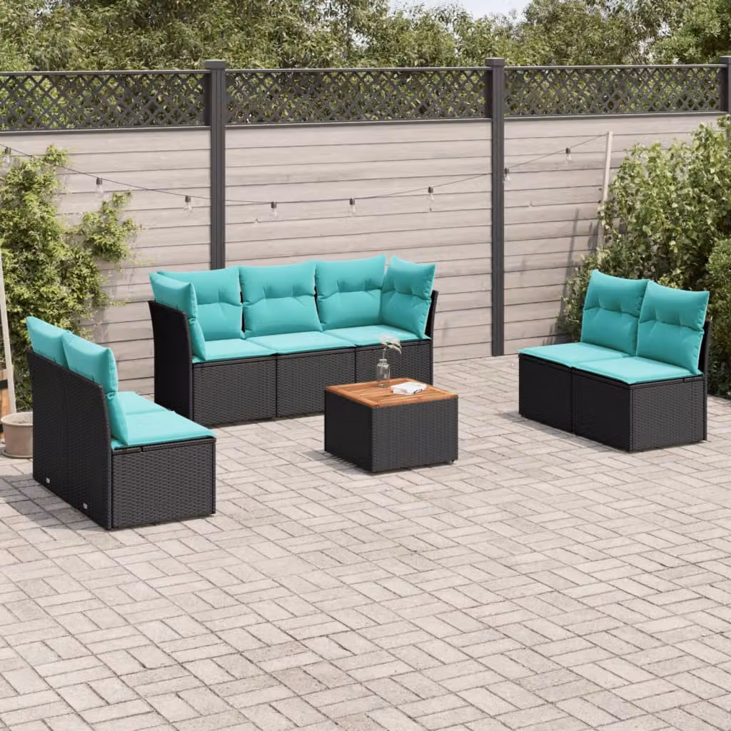 Set di divani da giardino vidaXL 8 pz in polyrattan nero con cuscini blu e tavolino da esterno