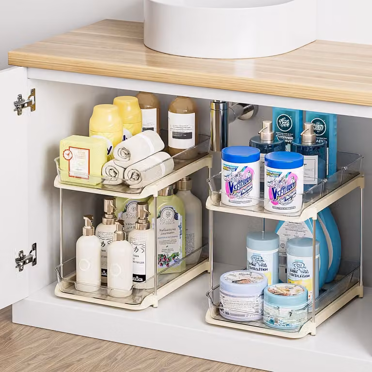 Organizzatore per armadietti da cucina, 2 ripiani, beige, estraibile, in acrilico e alluminio