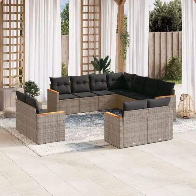 Set di divani da giardino VIDAXL in polyrattan grigio con cuscini, 11 pezzi