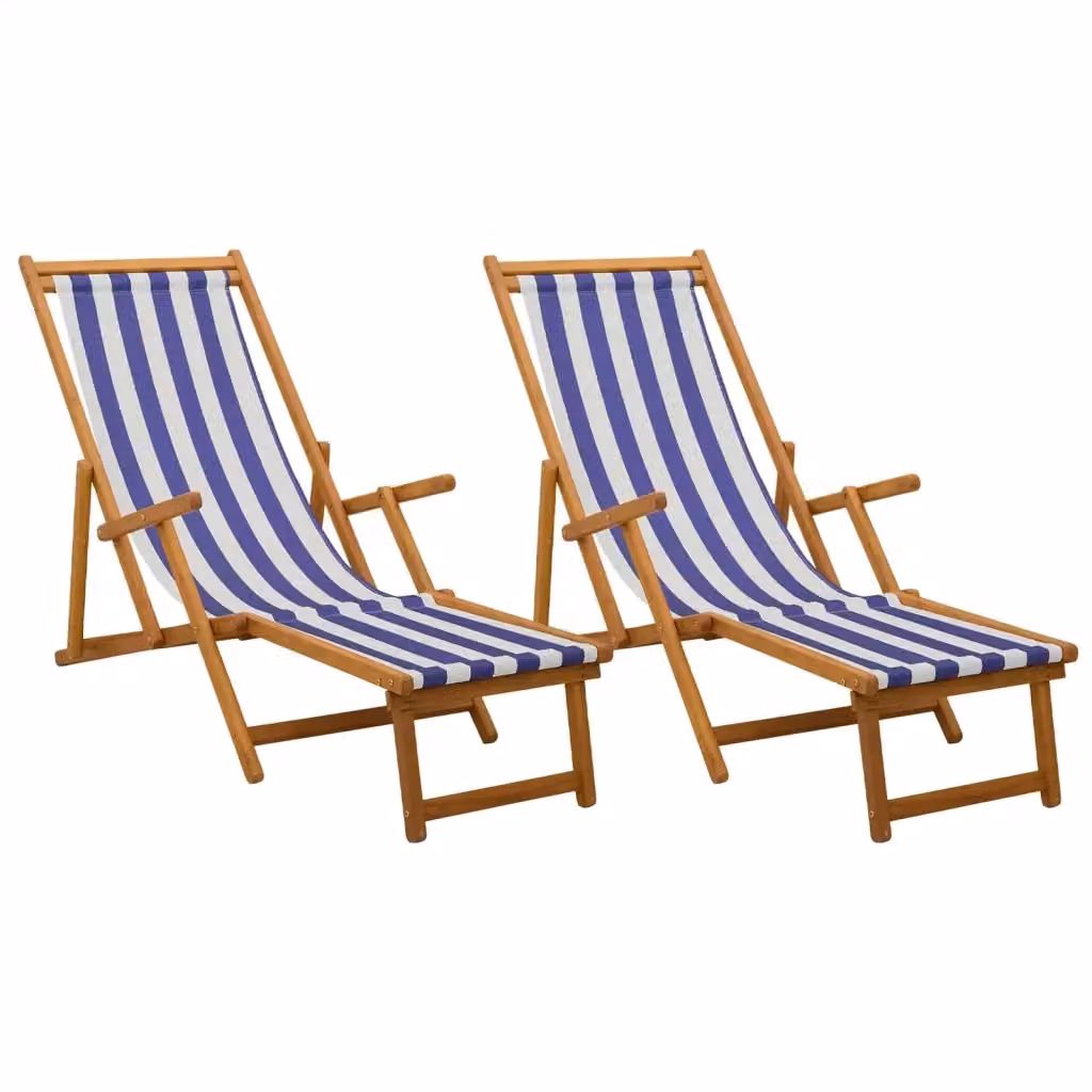 Set di 2 lettini prendisole pieghevoli vidaXL in legno massello con tessuto a righe blu e bianco per giardino e terrazzo – 2