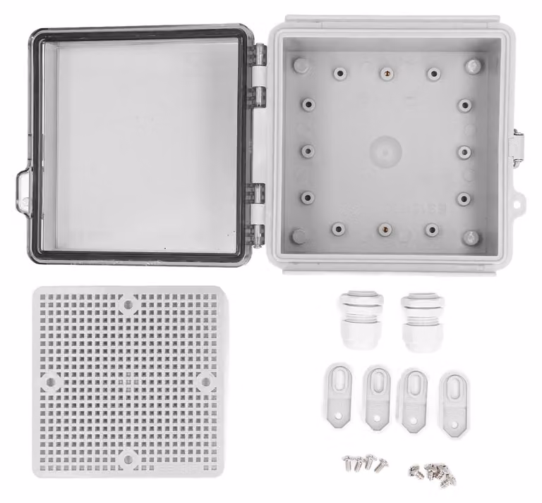Contenitore di connessione impermeabile, con coperchio trasparente a battente, realizzato in plastica ABS, grado di protezione IP67, adatto per uso esterno e dotato di piastra di montaggio