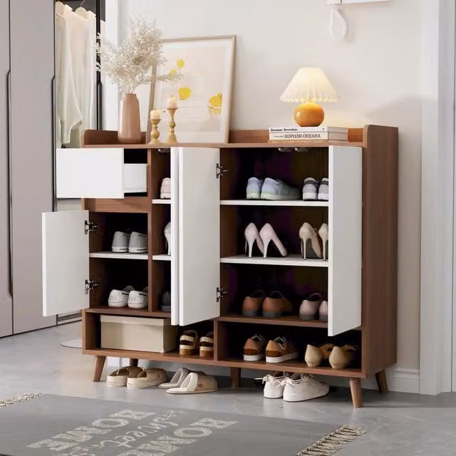 Mobile Ingresso Multiuso MINIMAL con 4 Ante e Cassetti Bianco/Naturale L: 120 cm, P: 35 cm, H: 99 cm