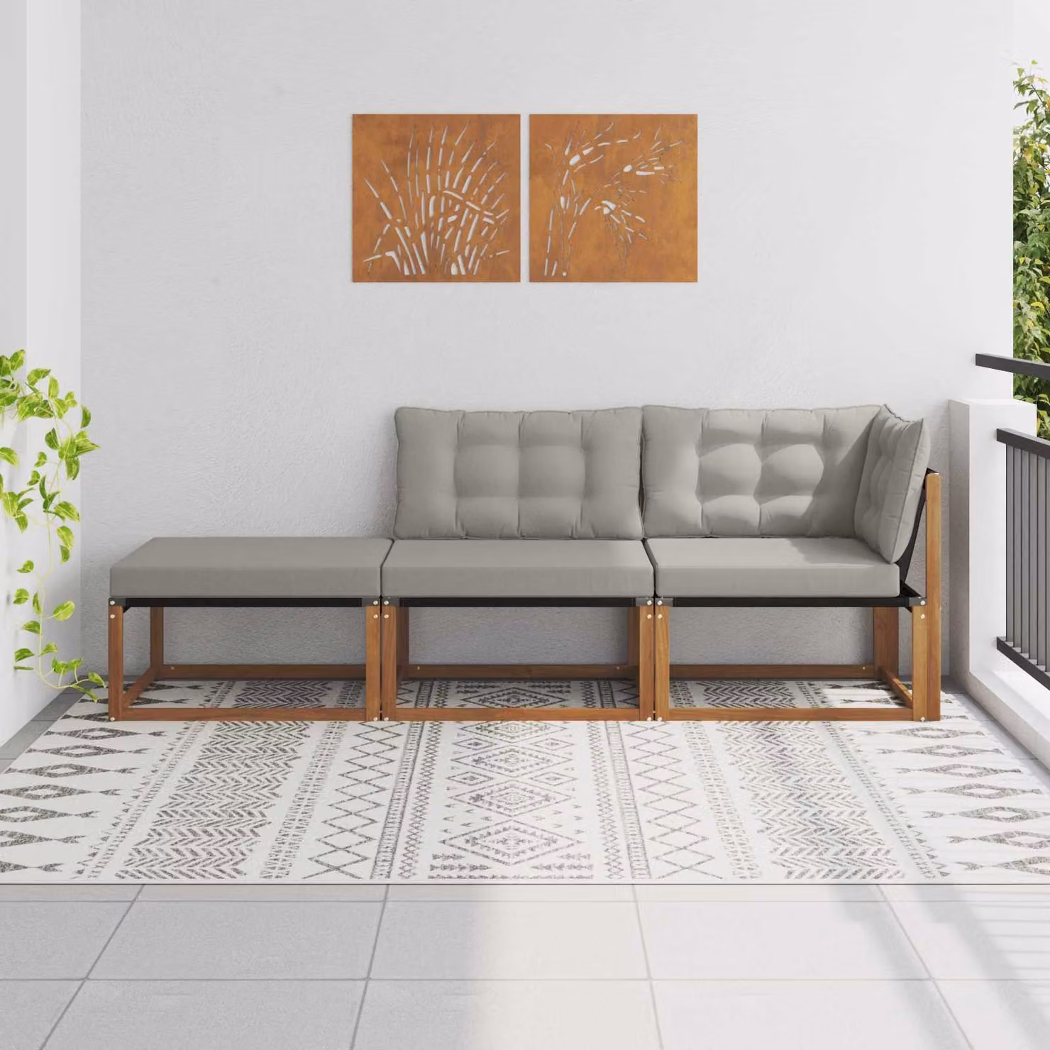 Set di divani da esterno a L vidaXL in legno di acacia con pouf e cuscini in tessuto textilene, colore grigio o marrone
