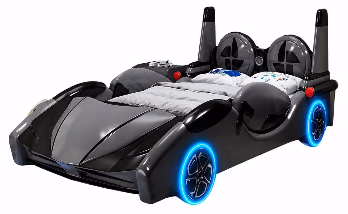 Lettino per bambini nero a forma di automobile, ideale per ragazzi, con luci LED e connessione Bluetooth
