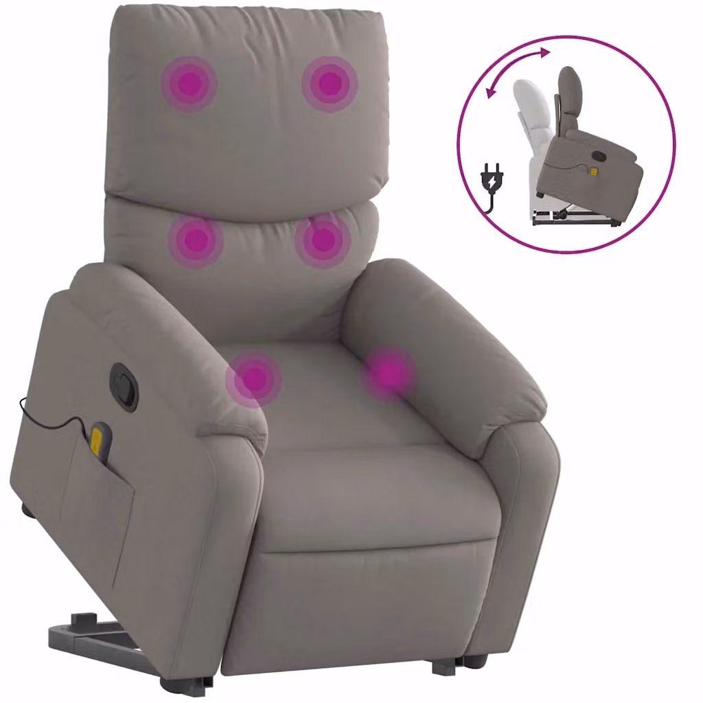 vidaXL Poltrona Alzapersona Reclinabile con Massaggio per Anziani in Tessuto e Finta Pelle, Beige/Grigio – 2