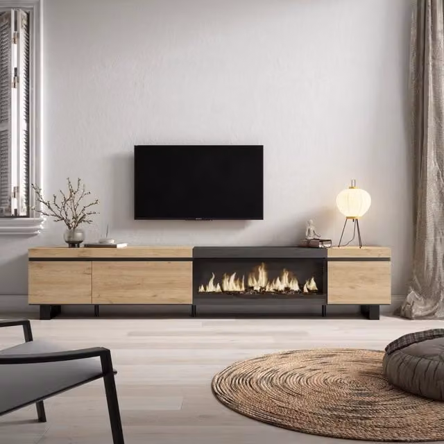 Mobile TV Soggiorno, 288x35x57cm, TV di grande formato, Camino elettrico XXL, Design industriale, colore Rovere e nero RF3616