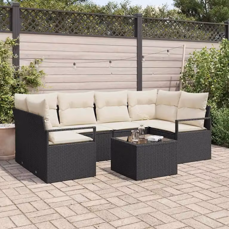 Set di divani da giardino vidaXL a forma di U composto da 7 pezzi con tavolo da caffè, colore nero e beige, in rattan e metallo con cuscini inclusi