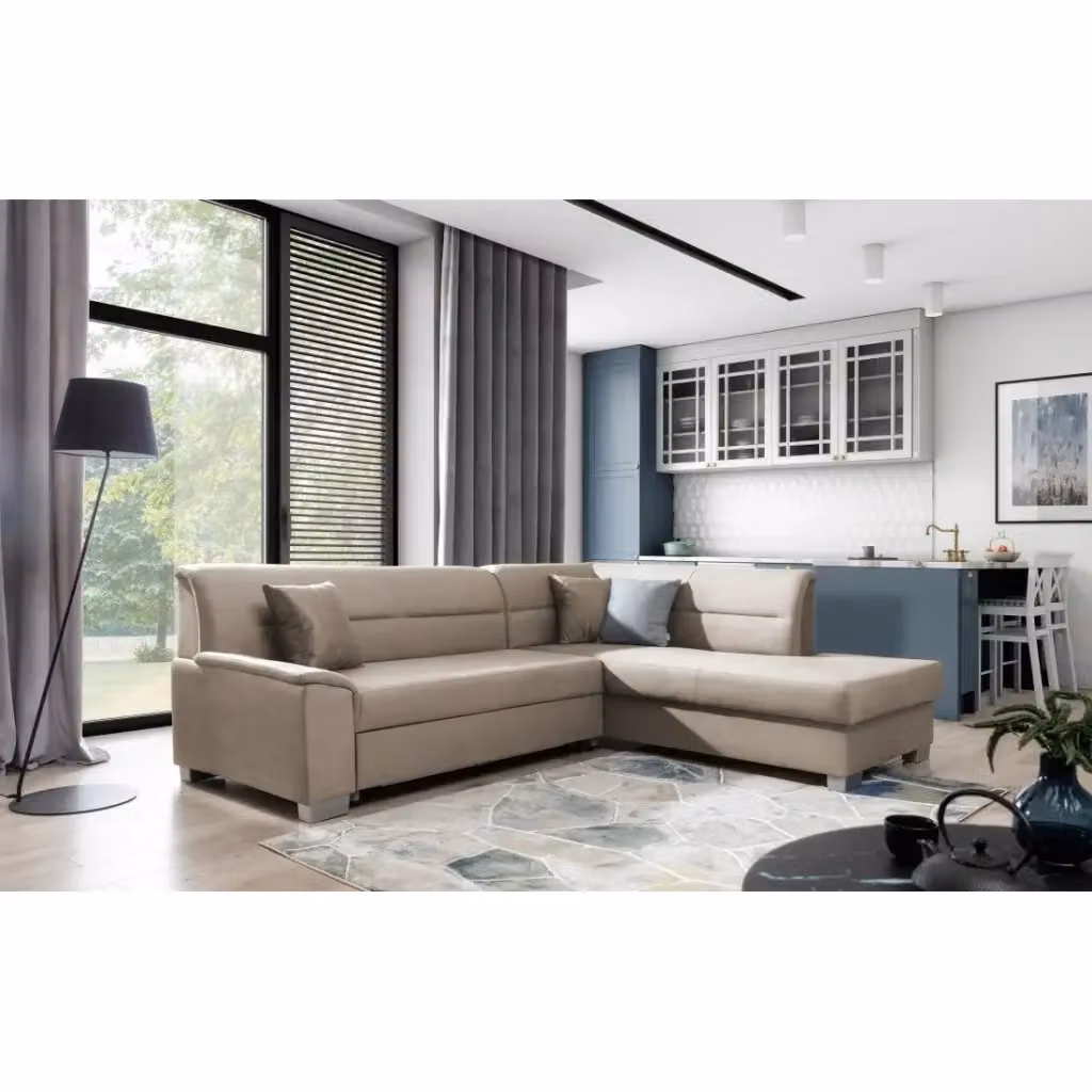 Divano angolare convertibile MEUBLORAMA in velluto marrone e beige con funzione letto e angolo destro – 2