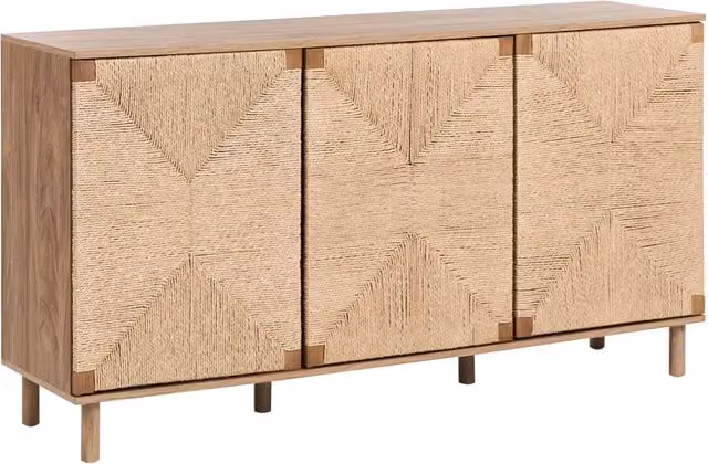 Credenza a 3 ante marrone chiaro 80 cm in truciolato con frontali in corda di carta Mobile da soggiorno in stile boho moderno