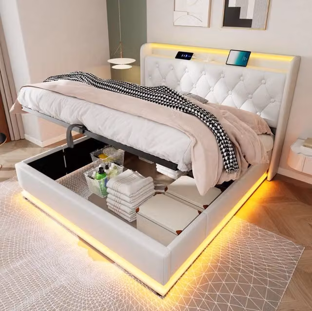 Letto matrimoniale 160x200 cm con LED, USB-C e contenitore