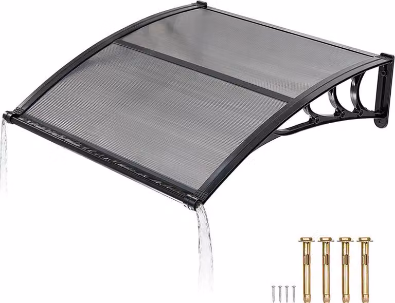 SucceBuy Tettoia per porta d'ingresso, 965x1017 mm, design curvo con drenaggio, copertura con supporto in ABS, protezione da pioggia, neve e sole, tetto in policarbonato per veranda e terrazza, grigio fumo