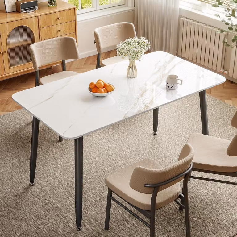 Tavolo da pranzo rettangolare, 140 x 70 cm, aspetto marmo, bianco, Vetroceramica/metallo, facile da pulire