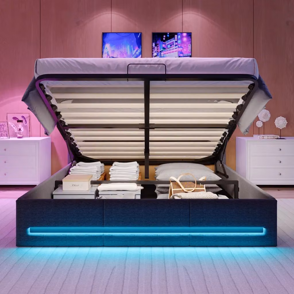 Letto contenitore imbottito in lino grigio con apertura idraulica, porte USB e USB-C e illuminazione LED, L/P: 140 x 200 cm – 2