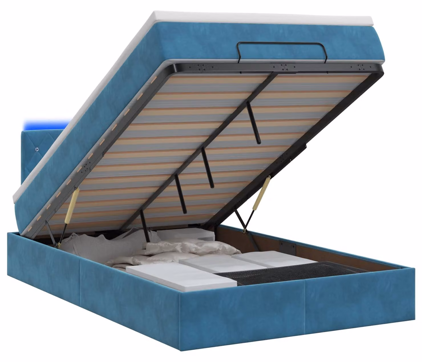 Panca contenitore con materasso e illuminazione LED, colore blu scuro, dimensioni 120 x 200 cm, rivestita in velluto