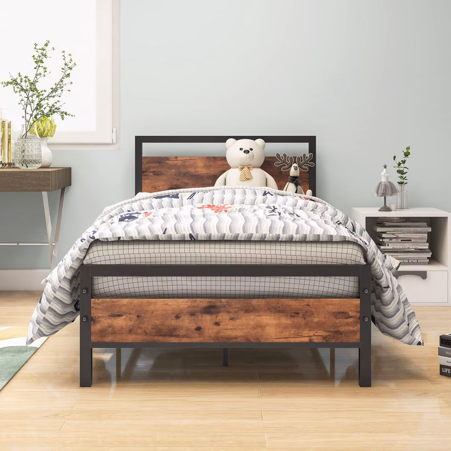Letto in metallo 90x200 cm con rete a doghe, stile vintage, color marrone/nero