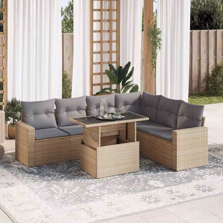 Set da giardino vidaXL composto da 7 pezzi con poltrona lounge, elementi angolari e tavolino, in design moderno con struttura in metallo e finitura rattan e cuscini beige resistenti ai raggi UV