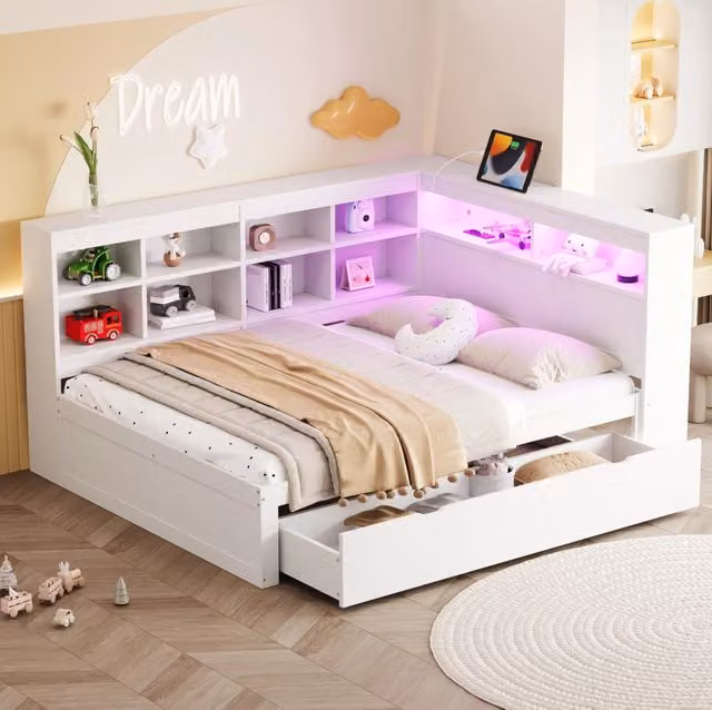 Letto 140x200 cm bianco – contenitore, USB e LED, senza materasso