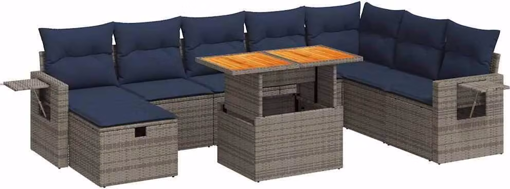 Set Divano da Giardino 9pz con Cuscini Grigio Polyrattan Acacia