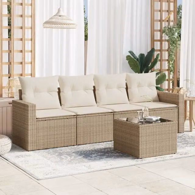 Set Divano da Giardino Moderno VIDAXL in Polyrattan Beige con 5 Pezzi e Cuscini