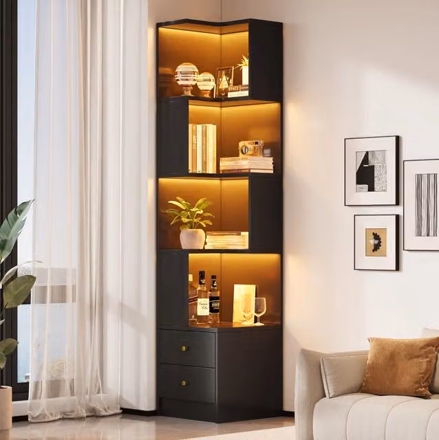 Libreria angolare ULEVR 45x43,5x180 cm con 4 ripiani aperti, 2 cassetti e LED controllabile tramite app, nera