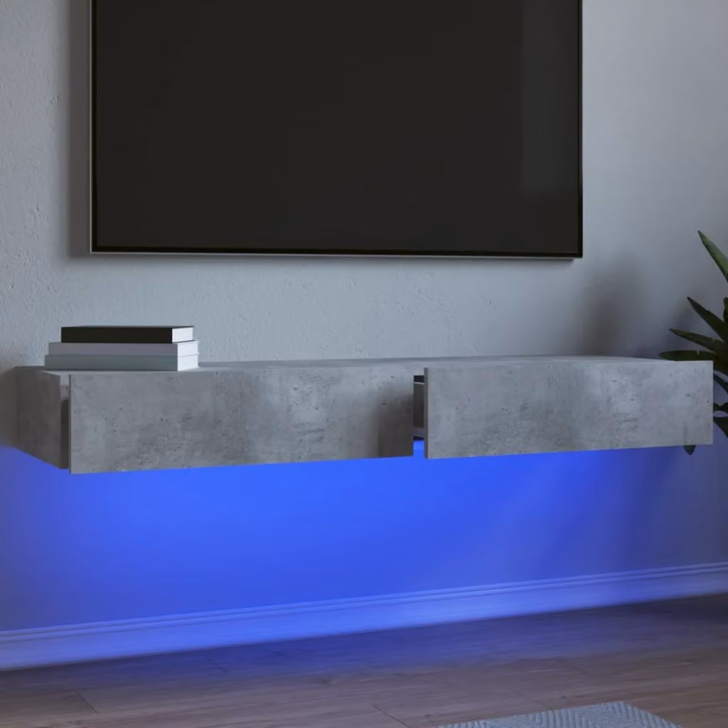 Set di 2 mobili porta TV moderni vidaXL con luci LED integrate, colore grigio cemento, L 120 cm x P 35 cm x H 15,5 cm