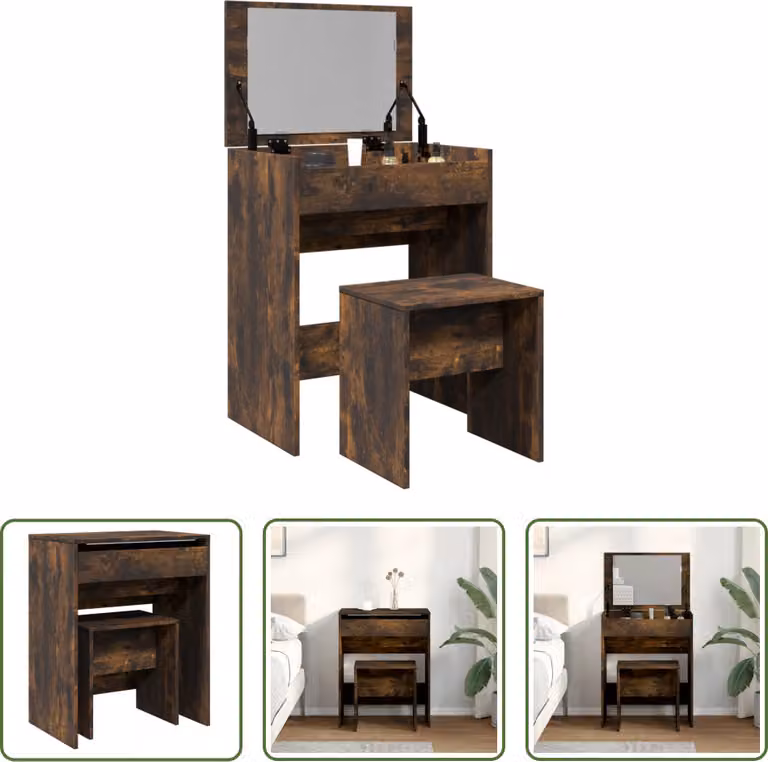 The Living Store Comodino con sgabello in rovere fumé 60x40x113,5 cm