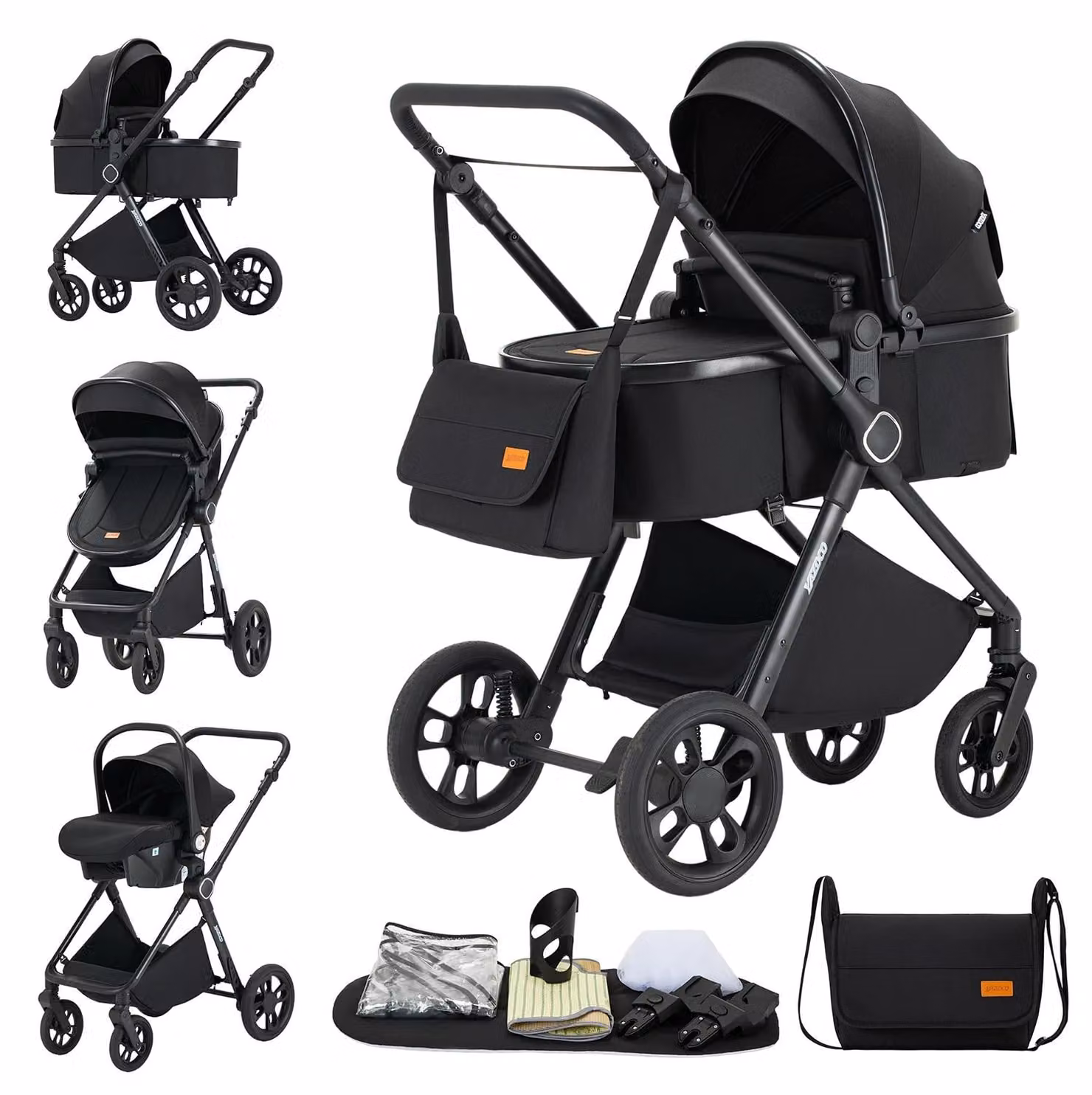 Carrozzina per bambini, set 3 in 1 regolabile, design leggero, colore nero (H2)